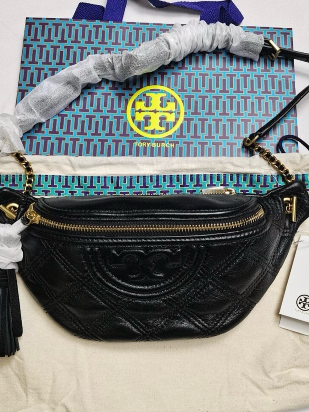Tory Burch Black Quilted Leather Crossbody Belt Bag with Gold Hardware